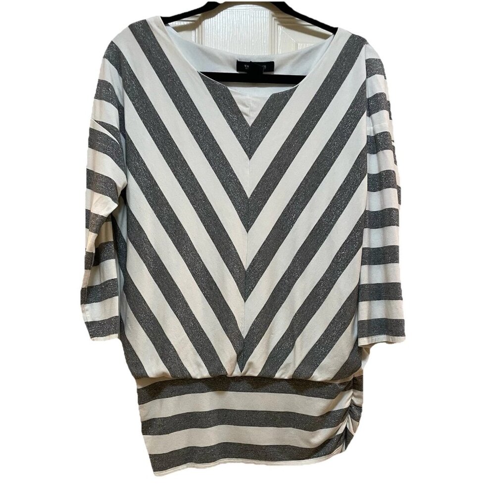 WHITE HOUSE BLACK MARKET Gray/White Chevron 3/4 Sleeve Drop Shoulder Blouse Sz M